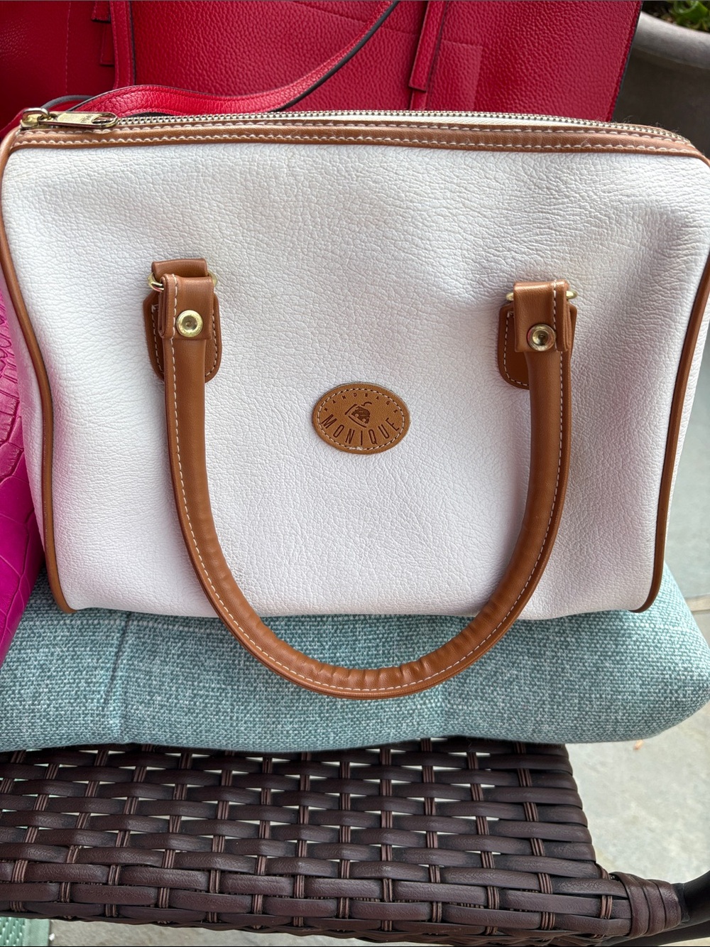 Monique White Satchel with Tan Trim and Handles Handbag